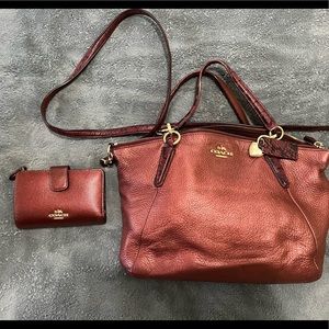 COACH red metallic leather Kelsey top handle bag WITH WALLET